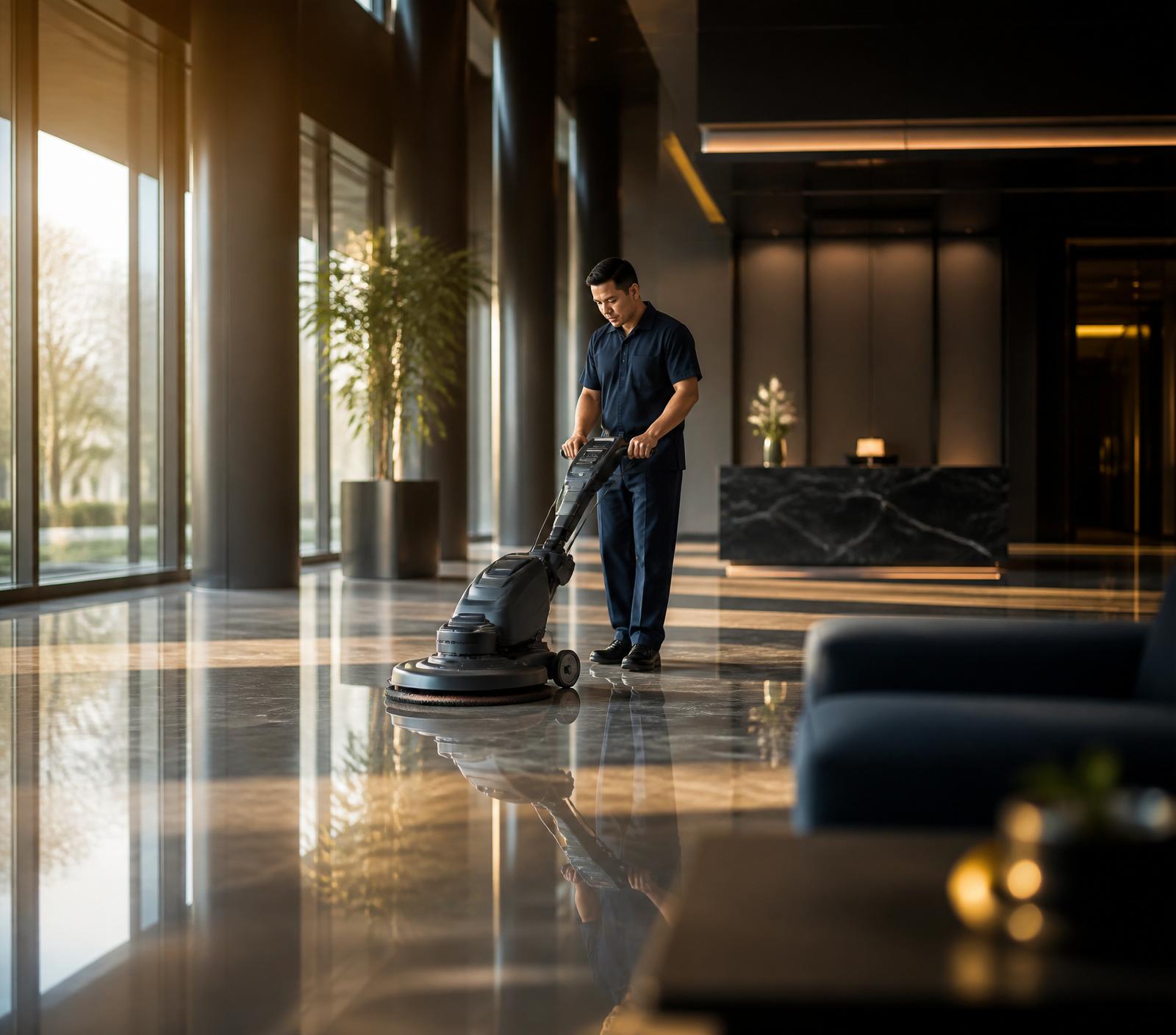 FPS crew polishing a commercial floor in a modern lobby